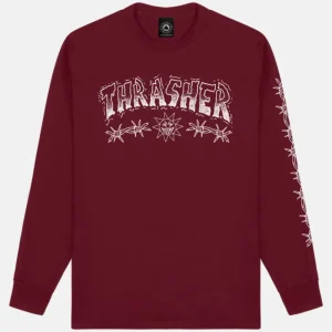 New - Barbed Wire L/S Tee [MAROON] Thrasher